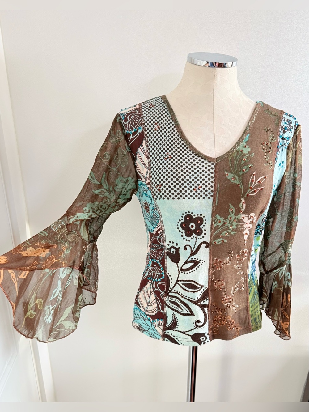 Y2K Beaded & Patchwork Flutter Sleeve Top